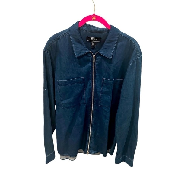 Forever 21 Men’s Classic Denim Zip Up Shirt Front Pockets Size Large - Picture 1 of 3